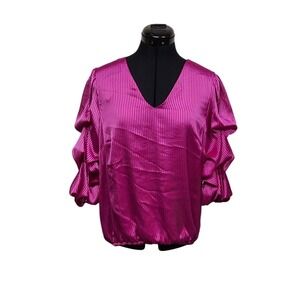 Vince Camuto Womens Magenta Striped Ruffle Sleeve V Neck Blouse Top Medium